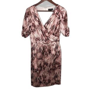 Tahari Wine Red Brown White Snakeskin Print Short Sleeve Surplice Dress Women 4